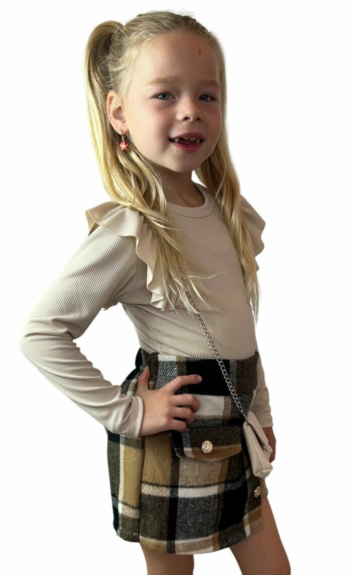 Rib Top met Ruches - Creme, bruin en zwart